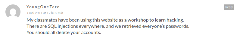 Comment warning that the site had SQL injections